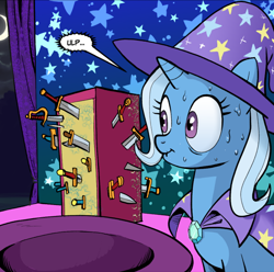 Size: 624x618 | Tagged: safe, artist:pencils, derpibooru import, edit, trixie, pony, comic:marble mare manquee, box, cape, clothes, comic, cropped, hat, moon, oh no, solo, speech bubble, stage, stars, sweat, sweatdrop, sweating profusely, sword, trixie's cape, trixie's hat, weapon