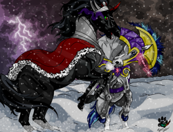 Size: 1023x784 | Tagged: safe, artist:flykatclassic, king sombra, shining armor, horse, pony, unicorn, the crystal empire, blizzard, fight, lightning, magic, male, realistic, rearing, scene interpretation, snorting, snow, snowfall, stallion