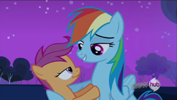 Size: 1280x720 | Tagged: safe, screencap, rainbow dash, scootaloo, pegasus, pony, sleepless in ponyville, hub logo, lidded eyes, out of context, scootalove