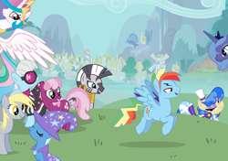 Size: 1240x874 | Tagged: safe, artist:trotsworth, derpibooru import, cheerilee, derpy hooves, photo finish, princess celestia, princess luna, rainbow blitz, rainbow dash, sapphire shores, trixie, zecora, alicorn, pegasus, pony, implied princess molestia, ponyville, rainbow blitz gets all the mares, rule 63, season one luna