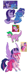 Size: 1727x4486 | Tagged: safe, artist:shimazun, derpibooru import, pinkie pie, spike, starlight glimmer, trixie, twilight sparkle, twilight sparkle (alicorn), alicorn, dragon, earth pony, pony, unicorn, friendship is magic, my little pony: the movie, to where and back again, chest fluff, colored claws, colored hooves, ear fluff, female, hat, heart eyes, hoof fluff, male, mare, narrowed eyes, nightcap, scene interpretation, wingding eyes