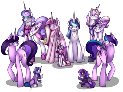 Size: 2600x1950 | Tagged: safe, artist:joepegasus, artist:rimmi1357, princess cadance, princess flurry heart, shining armor, oc, alicorn, pony, unicorn, alternate universe, children, crystal empire, family, future, grandchildren, offspring, twins