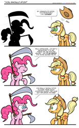 Size: 1365x2197 | Tagged: safe, artist:epulson, applejack, pinkie pie, earth pony, pony, comic, scythe