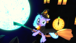 Size: 1920x1080 | Tagged: safe, artist:powdan, princess luna, alicorn, pony, 3d, broom, clock, filly, flying, flying broomstick, full moon, hat, looking at you, moon, night, open mouth, smiling, solo, witch hat, woona, younger