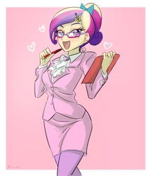 Size: 770x870 | Tagged: safe, artist:ta-na, edit, princess cadance, human, bow, business suit, clothes, dress suit, female, glasses, hair bow, heart, humanized, open mouth, pen, smiling, solo, suit