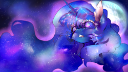 Size: 1024x576 | Tagged: dead source, safe, artist:dream--chan, princess luna, alicorn, pony, deviantart watermark, galaxy mane, obtrusive watermark, solo, starry eyes, stars, watermark, wingding eyes