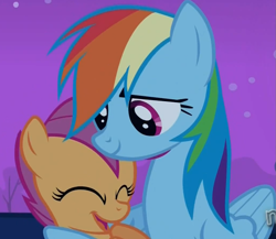 Size: 1031x894 | Tagged: safe, screencap, rainbow dash, scootaloo, pegasus, pony, sleepless in ponyville, happy, hub logo, hug, scootalove, winghug