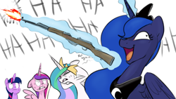 Size: 2124x1200 | Tagged: safe, artist:asadama, artist:imalou, princess cadance, princess celestia, princess luna, twilight sparkle, twilight sparkle (alicorn), alicorn, pony, /k/, alicorn tetrarchy, derp, female, fridge horror, gritted teeth, gun, hilarity ensues, insanity, just another day in the internet, laughing, laughing mad, magic, mare, nervous, noodle incident, not again, open mouth, ponies with guns, rifle, scared, sks, smiling, sweat, telekinesis, this will end in tears and/or death, weapon, wide eyes, wink