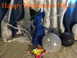 Size: 4032x3024 | Tagged: safe, princess luna, balloon, build-a-bear, clothes, costume, curtains, halloween, hat, irl, nightmare night, nightmare night costume, photo, plushie, solo, spider web, witch hat