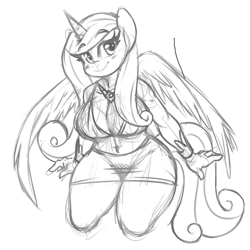 Size: 1280x1280 | Tagged: safe, artist:celine-artnsfw, princess cadance, anthro, belly button, breasts, cleavage, clothes, female, looking at you, midriff, monochrome, princess cansdance, sketch, skirt, smiling, solo