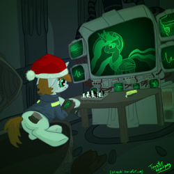 Size: 998x998 | Tagged: safe, artist:toasterrepairunit, princess celestia, oc, oc:littlepip, alicorn, pony, unicorn, fallout equestria, ask-littlepip, chess, chessboard incorrectly oriented, clothes, fanfic, fanfic art, female, hat, horn, juice box, mare, pipbuck, plot, santa hat, single pegasus project, vault suit, wings