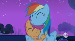 Size: 851x470 | Tagged: safe, screencap, rainbow dash, scootaloo, pegasus, pony, sleepless in ponyville, hub logo, hug, scootalove, truth, youtube caption