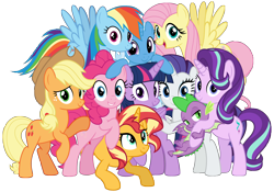 Size: 5610x3916 | Tagged: safe, artist:jhayarr23, artist:memnoch, artist:oyks, derpibooru import, applejack, fluttershy, pinkie pie, rainbow dash, rarity, spike, starlight glimmer, sunset shimmer, trixie, twilight sparkle, twilight sparkle (alicorn), alicorn, dragon, earth pony, pegasus, pony, unicorn, female, group, male, mane eight, mare, simple background, transparent background, winged spike