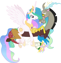 Size: 4000x4142 | Tagged: safe, artist:jeatz-axl, discord, princess celestia, alicorn, pony, blushing, bouquet, dislestia, female, flower, kiss mark, lipstick, male, shipping, simple background, straight, transparent background, vector