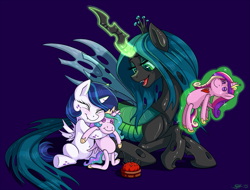 Size: 1523x1157 | Tagged: safe, artist:sorcerushorserus, princess cadance, princess celestia, queen chrysalis, oc, oc:pharomona, alicorn, changeling, changeling queen, changepony, hybrid, pony, unicorn, alicorn oc, belly button, blue background, blushing, crossbreed, cute, cutealis, doll, eyes closed, family, female, filly, foal, happy, hug, implied shining chrysalis, interspecies offspring, levitation, magic, mommy chrissy, mother and child, mother and daughter, needle, next generation, ocbetes, offspring, parent and child, parent:queen chrysalis, parent:shining armor, parents:shining chrysalis, pincushion, prone, simple background, sitting, smiling, telekinesis, toy, voodoo doll
