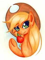 Size: 900x1196 | Tagged: safe, artist:lavosvsbahamut, applejack, earth pony, pony, apple, mouth hold, obligatory apple, traditional art