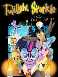 Size: 1500x2000 | Tagged: safe, artist:knadire, artist:knadow-the-hechidna, applejack, discord, fluttershy, owlowiscious, philomena, princess cadance, soarin', spike, spitfire, twilight sparkle, twilight sparkle (alicorn), alicorn, draconequus, dragon, earth pony, goblin, parasprite, pegasus, pony, three's a crowd, canterlot, female, fire, glass of water, glasses, hagrid, harry potter, harry potter and the philosopher's stone, hedwig, hermione granger, hogwarts, levitation, looking at you, magic, male, mare, mare in the moon, mashup, parody, poster, professor dumbledore, quidditch, ron weasley, scar, stallion, telekinesis