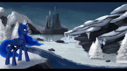 Size: 1920x1080 | Tagged: safe, artist:dezdark, princess luna, alicorn, pony, castle, river, scenery, smiling, snow, solo, tree