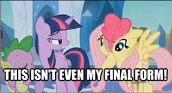 Size: 564x307 | Tagged: safe, edit, edited screencap, screencap, pinkie pie, spike, twilight sparkle, dragon, earth pony, pony, the crystal empire, caption, female, image macro, male, mare