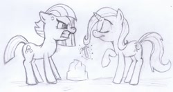 Size: 2681x1425 | Tagged: safe, artist:rainbowgrape14, derpibooru import, limestone pie, trixie, pony, unicorn, female, hammer, mare, monochrome, rock, traditional art