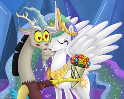 Size: 1500x1200 | Tagged: safe, artist:oggynka, discord, princess celestia, alicorn, pony, bouquet, dislestia, female, flower, heart eyes, kiss mark, lipstick, male, shipping, smiling, straight, wavy mouth