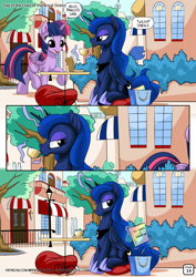 Size: 955x1351 | Tagged: safe, artist:mysticalpha, princess luna, twilight sparkle, twilight sparkle (alicorn), alicorn, pony, comic:day in the lives of the royal sisters, bag, book, cafe, comic, crown, dialogue, female, fifty shades of grey, horseshoes, implied fanfiction, implied rainbow dash, jewelry, levitation, magic, mare, peytral, pillow, regalia, sitting, speech bubble, table, teacup, telekinesis