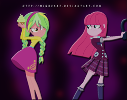 Size: 647x509 | Tagged: safe, artist:miqueart, lemon zest, pinkie pie, equestria girls, alternate hairstyle, alternate universe, base used, clothes, crystal prep academy uniform, cupcake, female, food, headphones, kneesocks, pinkamena diane pie, school uniform, skirt, socks, stockings, thigh highs, zettai ryouiki