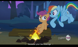 Size: 1680x1021 | Tagged: safe, screencap, rainbow dash, scootaloo, pegasus, pony, sleepless in ponyville, hub logo, youtube caption