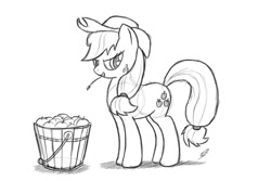 Size: 1024x686 | Tagged: safe, artist:dyani-yahto, applejack, earth pony, pony, apple, bucket, monochrome, sketch, straw