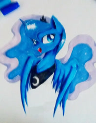 Size: 546x696 | Tagged: safe, artist:mikedom, princess luna, alicorn, pony, bust, colored pupils, cute, female, looking at you, lunabetes, mare, marker, marker drawing, open mouth, simple background, smiling, solo, spread wings, traditional art, white background