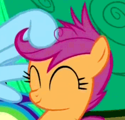 Size: 354x340 | Tagged: safe, screencap, rainbow dash, scootaloo, pegasus, pony, sleepless in ponyville, animated, cute, cutealoo, eyes closed, female, filly, mare, noogie, offscreen character, scootalove, solo focus