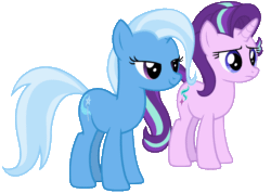 Size: 1200x856 | Tagged: safe, artist:sasha-flyer, derpibooru import, starlight glimmer, trixie, pony, unicorn, animated, duo, female, floppy ears, gif, looking at each other, mare, simple background, smiling, transparent background, vector