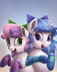Size: 800x1000 | Tagged: safe, artist:vanillaghosties, sweetie belle, oc, oc:melodia, pony, unicorn, bow, clothes, cute, diasweetes, female, filly, hair bow, ocbetes, smiling, socks, stockings, striped socks, thigh highs