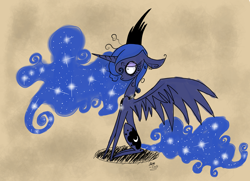 Size: 2790x2020 | Tagged: safe, artist:moondaneka, princess luna, alicorn, pony, sitting, solo, spread wings, style emulation, tim burton