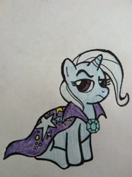 Size: 1024x1371 | Tagged: safe, artist:semigothpony, derpibooru import, trixie, pony, unicorn, female, mare, sitting, solo, traditional art, trixie's cape