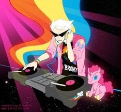 Size: 700x648 | Tagged: safe, artist:blk-kitti, pinkie pie, rainbow dash, human, brony, crossover, dirk strider, headphones, homestuck, plushie, solo, turntable