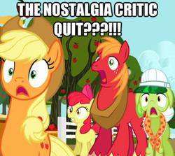 Size: 310x276 | Tagged: safe, apple bloom, applejack, big macintosh, granny smith, earth pony, pony, caption, image macro, male, meta, nostalgia critic, stallion