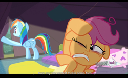 Size: 1680x1021 | Tagged: safe, screencap, rainbow dash, scootaloo, pegasus, pony, sleepless in ponyville, hub logo, youtube caption