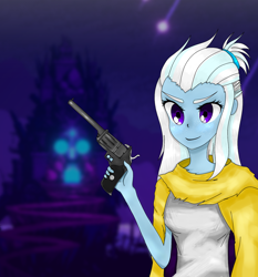 Size: 1600x1718 | Tagged: safe, artist:starwantrix, derpibooru import, trixie, human, alternate hairstyle, anime, cloak, clothes, cosplay, costume, crossover, enter the gungeon, gun, handgun, humanized, pony coloring, pose, revolver, weapon