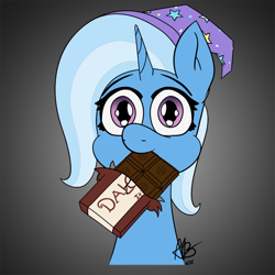 Size: 750x750 | Tagged: safe, alternate version, artist:mranthony2, derpibooru import, trixie, unicorn, bust, chocolate, chocolate bar, cute, dalokohs bar, female, food, looking at you, mare, mouth hold, portrait, simple background, solo, team fortress 2