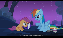 Size: 1680x1021 | Tagged: safe, screencap, rainbow dash, scootaloo, pegasus, pony, sleepless in ponyville, hub logo, youtube caption