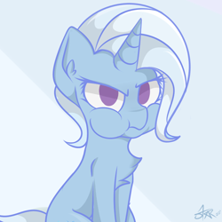 Size: 800x800 | Tagged: safe, artist:starmaster, derpibooru import, trixie, pony, unicorn, angry, chest fluff, cute, diatrixes, ear fluff, female, grumpy, looking at you, madorable, mare, puffy cheeks, sitting, solo, trixie is not amused, unamused