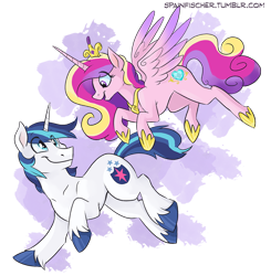 Size: 978x1000 | Tagged: safe, artist:spainfischer, princess cadance, shining armor, alicorn, pony, unicorn, female, flying, husband and wife, looking at each other, male, married couple, running, shiningcadance, shipping, simple background, smiling, straight, transparent background