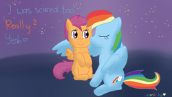 Size: 1920x1080 | Tagged: safe, artist:verminshy, rainbow dash, scootaloo, pegasus, pony, night, smiling, winghug