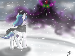 Size: 1024x768 | Tagged: safe, artist:takutanuvataio, king sombra, shining armor, pony, umbrum, unicorn, the crystal empire, clothes, cloud, glowing eyes, scarf, signature, snow, snowfall