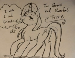 Size: 2064x1603 | Tagged: safe, artist:katkathasahathat, derpibooru import, trixie, pony, unicorn, eyes closed, female, lonely, magic, mare, monochrome, solo, the great and friendless, thought bubble, traditional art