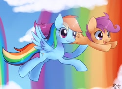 Size: 1280x938 | Tagged: safe, artist:solar-slash, rainbow dash, scootaloo, pegasus, pony, rainbow, scootalove