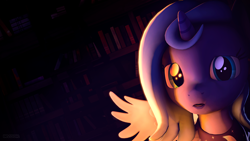 Size: 1920x1080 | Tagged: safe, artist:invisorfaa, princess luna, alicorn, pony, 3d, book, bookshelf, filly, solo, source filmmaker, wallpaper, woona, younger