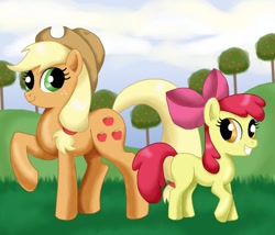 Size: 1050x900 | Tagged: safe, artist:mel-rosey, apple bloom, applejack, earth pony, pony, blonde hair, female, filly, mare, orange coat, red mane, sisters