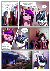 Size: 2480x3508 | Tagged: safe, artist:mykegreywolf, princess cadance, shining armor, alicorn, pony, unicorn, comic:night call, comic, crystal express, hug, luggage, train, train station